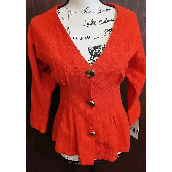 ZARA Small Red Holiday Christmas Tomato Blazer Jacket peplum lightweight cotton - Picture 1 of 12